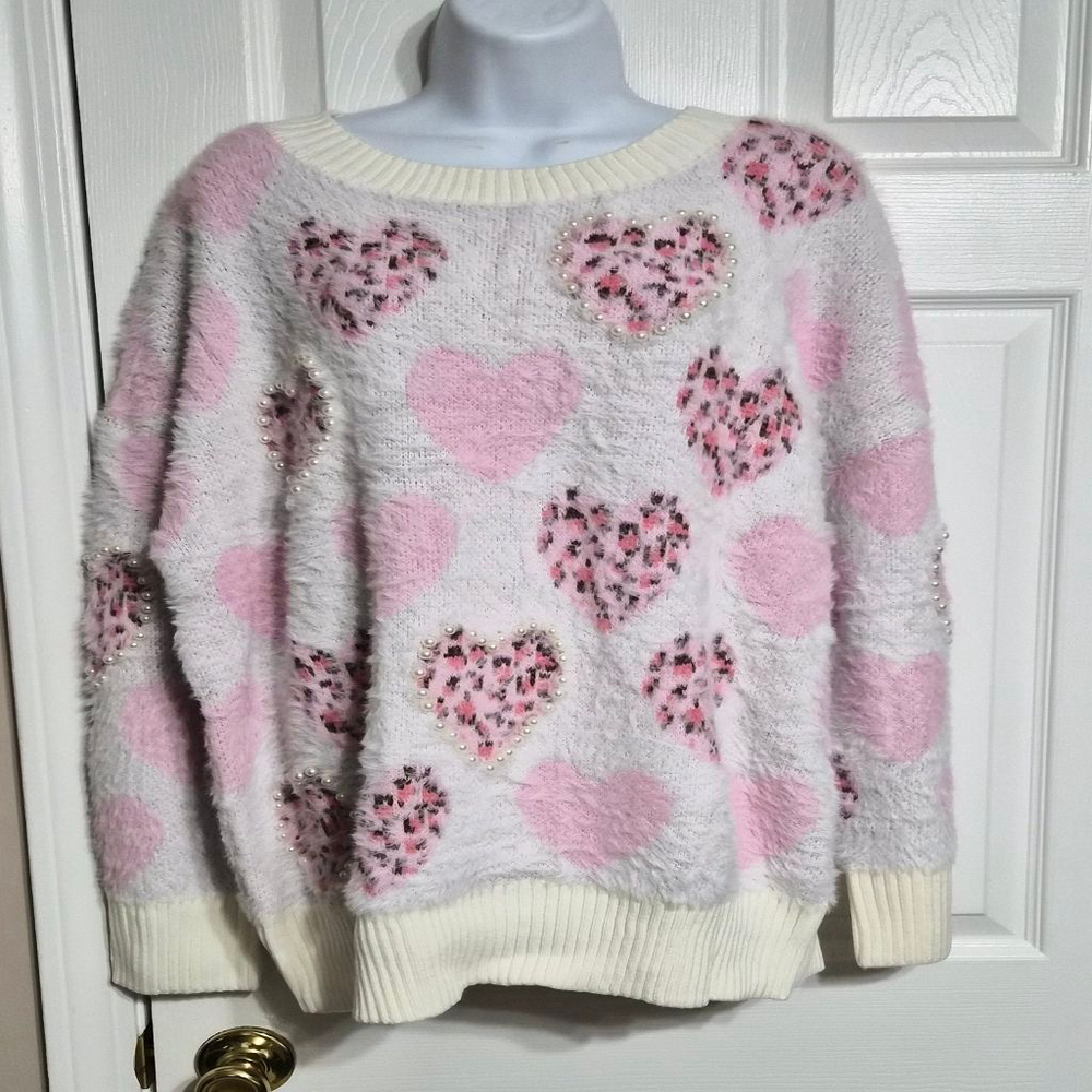 Pink and White Leopard Print Heart Pattern Women's Sweater Size X Large NWOT - Picture 3 of 11